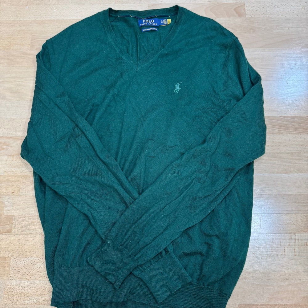 Polo Ralph Lauren Mens XL Green Washable Merino Wool V Neck Sweater